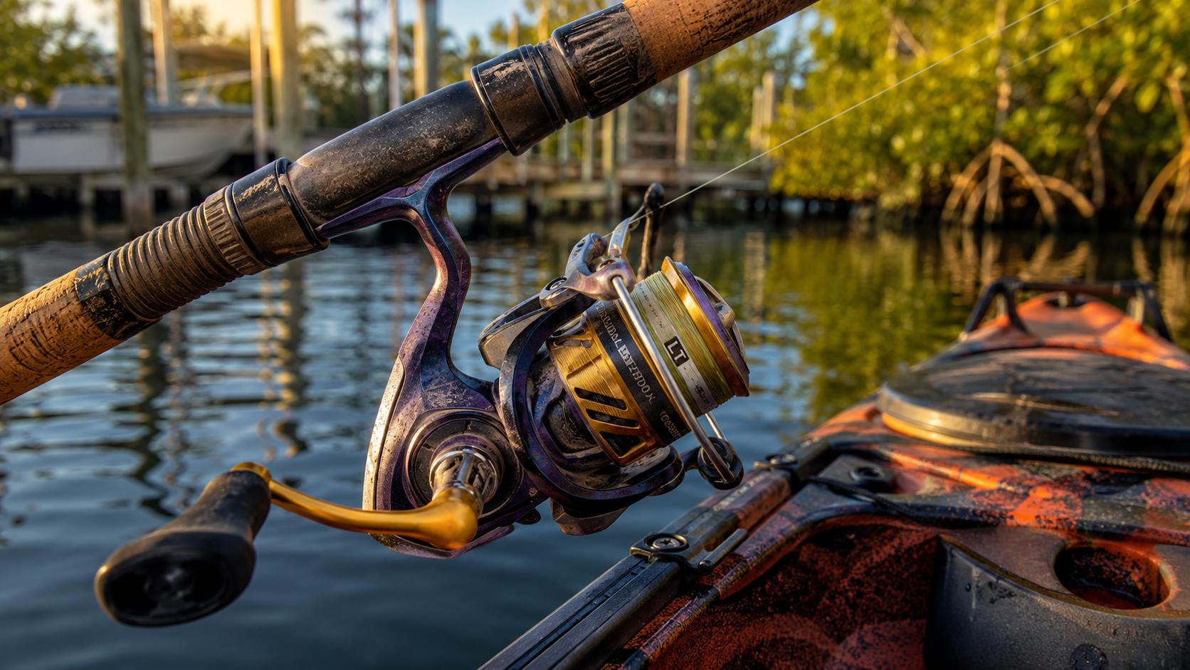 Representative Daiwa Laguna LT 2500 spinning reel mounted on an inshore fishing rod beside a kayak in Florida Gulf Coast water