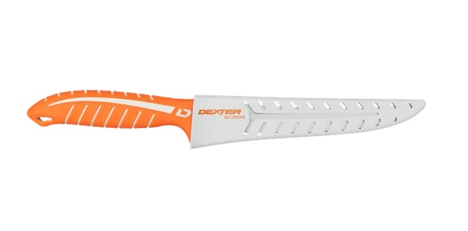 Dexter Outdoors Dextreme 8 inch Max Flex fillet knife with orange handle and protective sheath