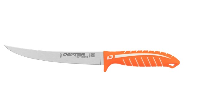 Dexter Outdoors Dextreme 8 inch Max Flex fillet knife showing the orange handle and stainless blade