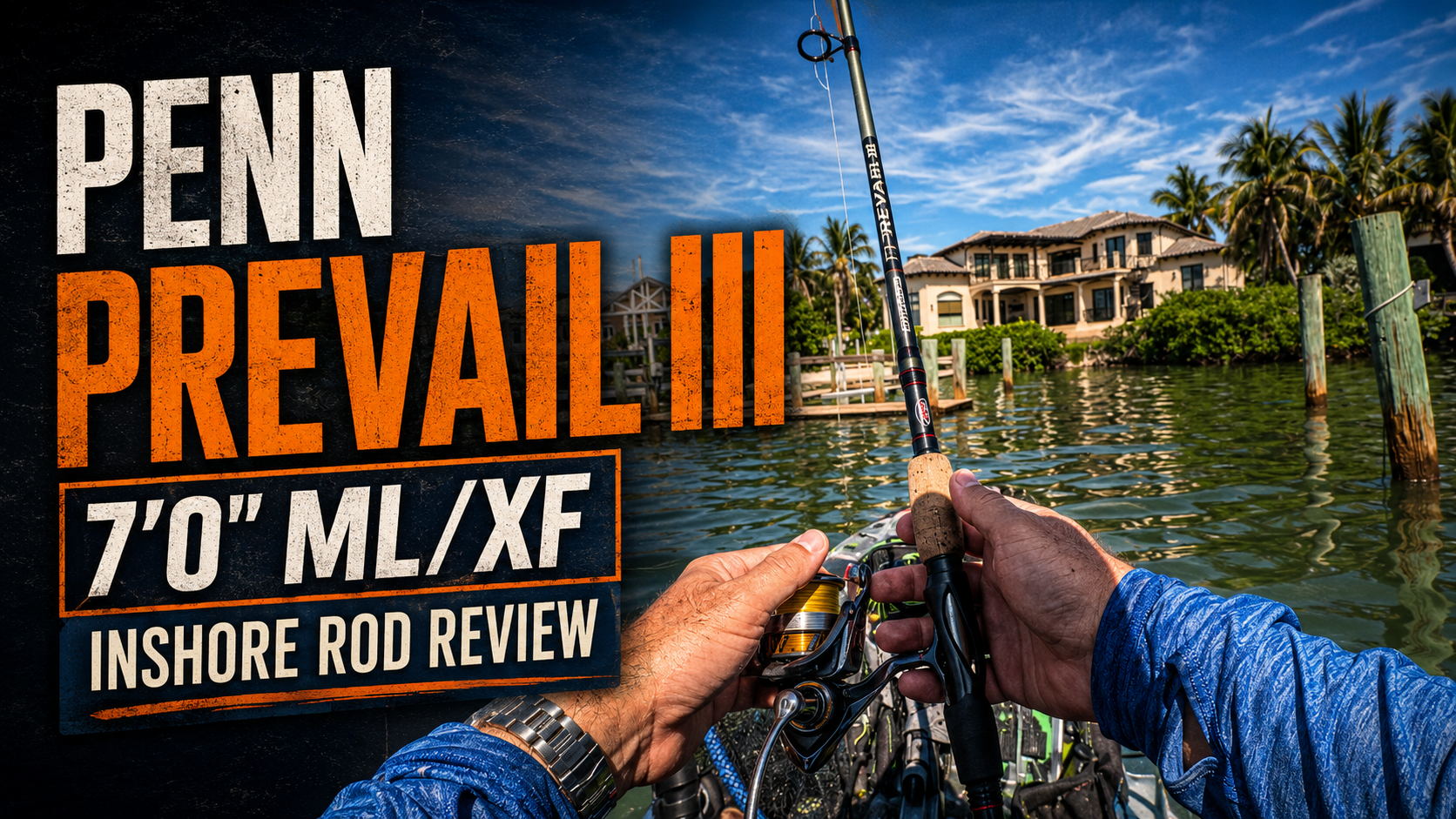 First-person view of an angler using a Penn Prevail III 7-foot medium-light extra-fast spinning rod while kayak fishing near docks on Florida’s Gulf Coast.